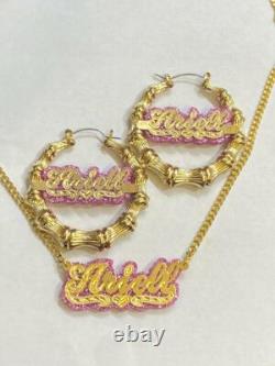 14K Gold Overlay Personalized Name Bamboo Earrings Necklace Set / color onyx 3