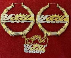 14K Gold Overlay Personalized Name Bamboo Earrings Necklace Set / crown 3