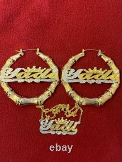 14K Gold Overlay Personalized Name Bamboo Earrings Necklace Set / crown 3
