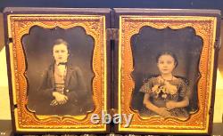 1850's 1/4th Daguerreotypes. Handsome Young Boy & Beautiful Girl Holding Flowers