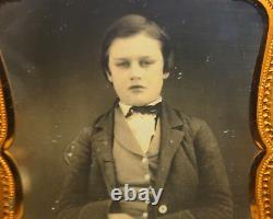 1850's 1/4th Daguerreotypes. Handsome Young Boy & Beautiful Girl Holding Flowers
