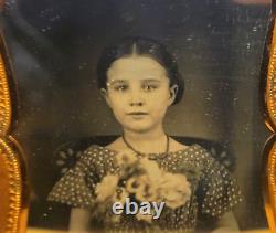 1850's 1/4th Daguerreotypes. Handsome Young Boy & Beautiful Girl Holding Flowers