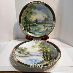 2 UCAGCO Occupied Japan Hand Painted Pierced Plates Signed T Miyake & I Ito