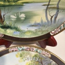 2 UCAGCO Occupied Japan Hand Painted Pierced Plates Signed T Miyake & I Ito
