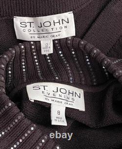 $2100 St. John Collection Marie Gray Sequin Dress Sweater Skirt Set Knit Suit 8