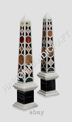 24 White Italian Marble Set Of Two Obelisks Multi Stones Inlaid Works E516B