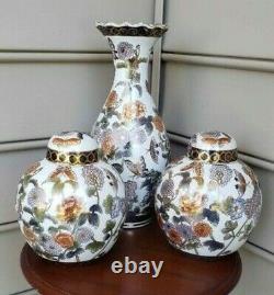 3 Piece Set Vase & Two Ginger Jars Handpainted Chinese with flowers, butterflies