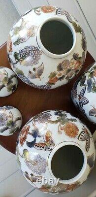 3 Piece Set Vase & Two Ginger Jars Handpainted Chinese with flowers, butterflies