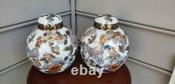 3 Piece Set Vase & Two Ginger Jars Handpainted Chinese with flowers, butterflies