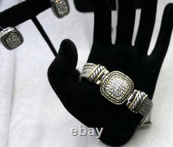 3Pc Set Bracelet Lariat Necklace Earrings Liquid Chain Pavé Crystals Silvertone