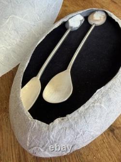 A Set of Two Handmade Sterling Silver and Pebble Espresso Spoons by Thalia Maria