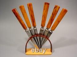 ART DECO amber marbled BAKELITE two tone Fruit Knives Set flatware 1920s catalin