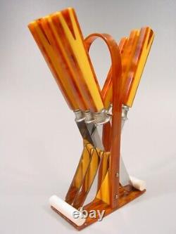 ART DECO amber marbled BAKELITE two tone Fruit Knives Set flatware 1920s catalin