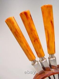 ART DECO amber marbled BAKELITE two tone Fruit Knives Set flatware 1920s catalin