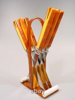 ART DECO amber marbled BAKELITE two tone Fruit Knives Set flatware 1920s catalin