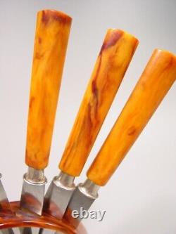 ART DECO amber marbled BAKELITE two tone Fruit Knives Set flatware 1920s catalin