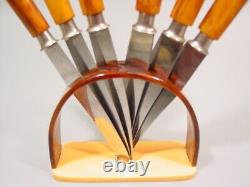 ART DECO amber marbled BAKELITE two tone Fruit Knives Set flatware 1920s catalin