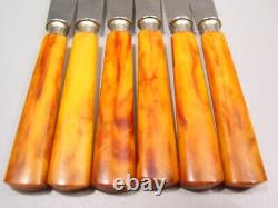 ART DECO amber marbled BAKELITE two tone Fruit Knives Set flatware 1920s catalin