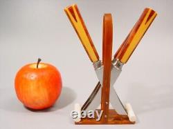 ART DECO amber marbled BAKELITE two tone Fruit Knives Set flatware 1920s catalin