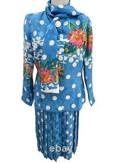 Anne Crimmins Silk Skirt Suit Set Umi Collections Blue Dots Size 12 Vintage 80s