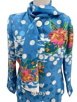 Anne Crimmins Silk Skirt Suit Set Umi Collections Blue Dots Size 12 Vintage 80s