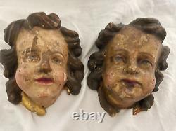 Antique 19th Cherub Angels, Hand Carved Wood, Set of Two