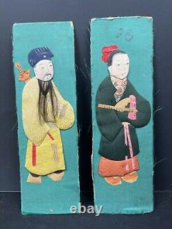 Antique Chinese Silk Panels Imortals Set of Two Paper Dolls