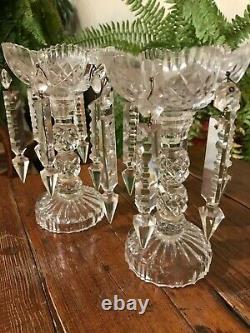 Antique Glass Crystal Candlestick Holder Set of Two With Hanging Prisms 7 High