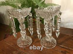 Antique Glass Crystal Candlestick Holder Set of Two With Hanging Prisms 7 High