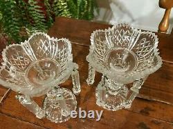 Antique Glass Crystal Candlestick Holder Set of Two With Hanging Prisms 7 High