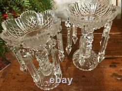 Antique Glass Crystal Candlestick Holder Set of Two With Hanging Prisms 7 High