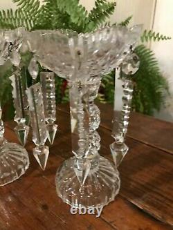 Antique Glass Crystal Candlestick Holder Set of Two With Hanging Prisms 7 High