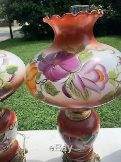 Antique Hurricane Style Electric Table Lamps Hand painted Set Of Two Large