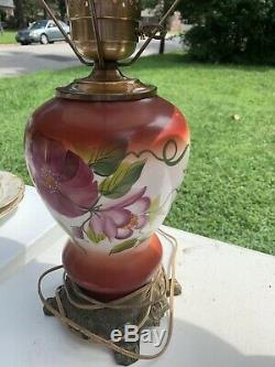 Antique Hurricane Style Electric Table Lamps Hand painted Set Of Two Large