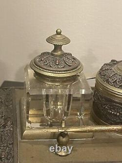 Antique Inkstand Inkwells Desk Set Ornate Filigree with two pen's