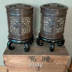 Antique Japanese Brass Lantern-style Candle Holder Set Of Two Pieces (With Box)