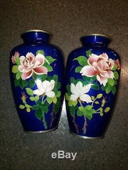 Antique Japanese Cloisonne Floral Rose Vases Rare Cobalt Blue, Set of Two