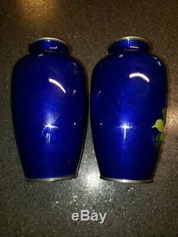 Antique Japanese Cloisonne Floral Rose Vases Rare Cobalt Blue, Set of Two