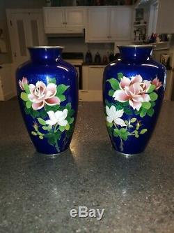 Antique Japanese Cloisonne Floral Rose Vases Rare Cobalt Blue, Set of Two