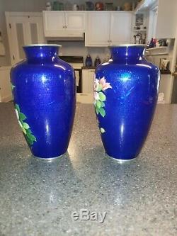 Antique Japanese Cloisonne Floral Rose Vases Rare Cobalt Blue, Set of Two