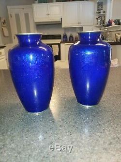 Antique Japanese Cloisonne Floral Rose Vases Rare Cobalt Blue, Set of Two