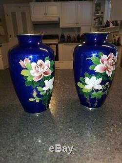 Antique Japanese Cloisonne Floral Rose Vases Rare Cobalt Blue, Set of Two