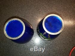 Antique Japanese Cloisonne Floral Rose Vases Rare Cobalt Blue, Set of Two