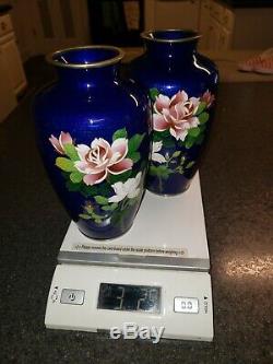 Antique Japanese Cloisonne Floral Rose Vases Rare Cobalt Blue, Set of Two