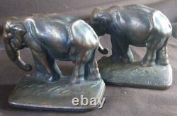 Antique Old Pair of Two 2 Figural Cast Iron Bookends Set Elephant Elephants Nice