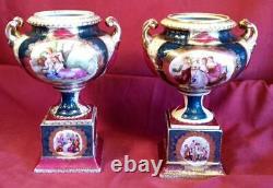 Antique Old Vintage Porcelain Pair of Two 2 Urns Vases Set Royal Old Vienna