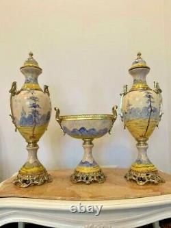 Antique Original 20th French Porcelain Set Two Vases Bronze Centerpiece 70 CM