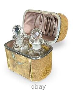 Antique Perfume Set Two Glass Bottles In Velvet Travel Case France 19thC