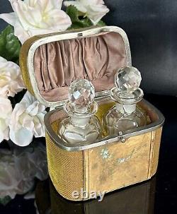 Antique Perfume Set Two Glass Bottles In Velvet Travel Case France 19thC