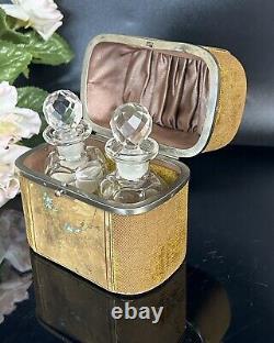 Antique Perfume Set Two Glass Bottles In Velvet Travel Case France 19thC